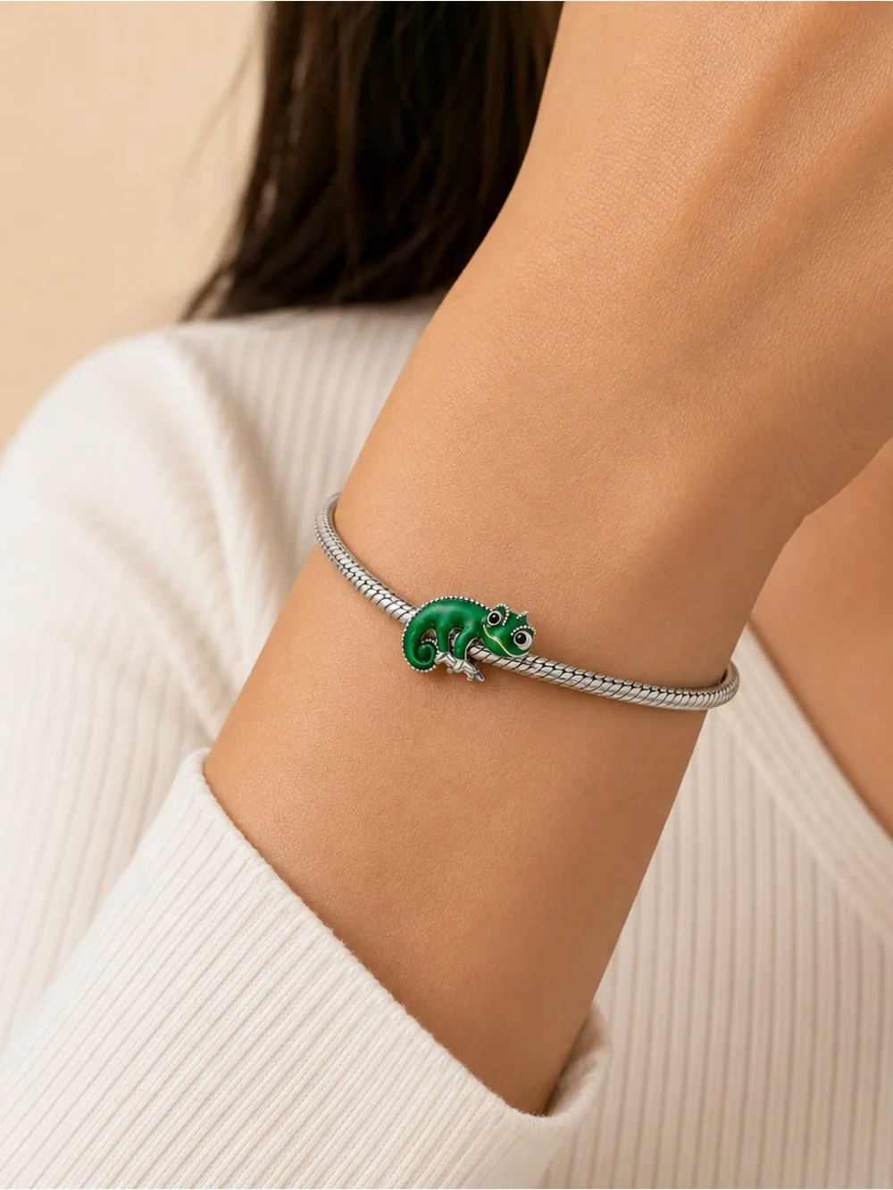 Sterling Silver Green Chameleon Temperature-Sensitive Pet Reptile Charm